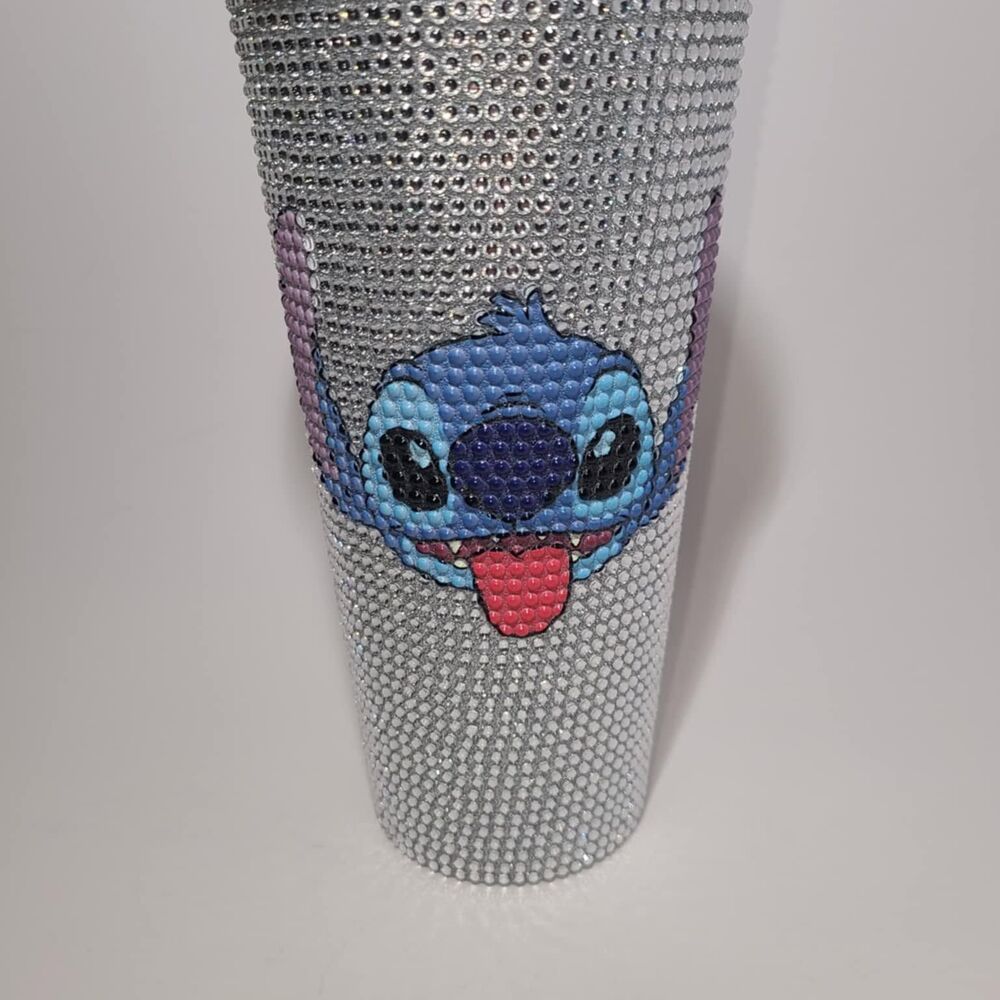 Disney's Stitch Bedazzled Diamond Art Tumbler Blue Silver Tongue out w/Straw NEW